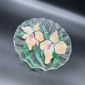 Fused Glass Bowl Pink Iris Flowers Ruffled Edge Signed Art Dish Sydenstricker